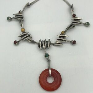 Unique Vintage Brutalist Segmented Amber Pewter Necklace